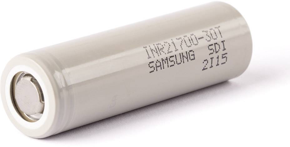 A round, grey battery with the inscription 'INR21700-30T SAMSUNG SDI 2115'.