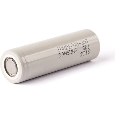 A round, grey battery with the inscription 'INR21700-30T SAMSUNG SDI 2115'.