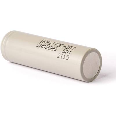 A cylindrical battery cell with the inscription 'INR21700-30T SAMSUNG SDI'.