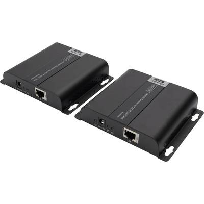 Two black network devices with RJ-45 ports for signal transmission. Left: input side, right: output side.