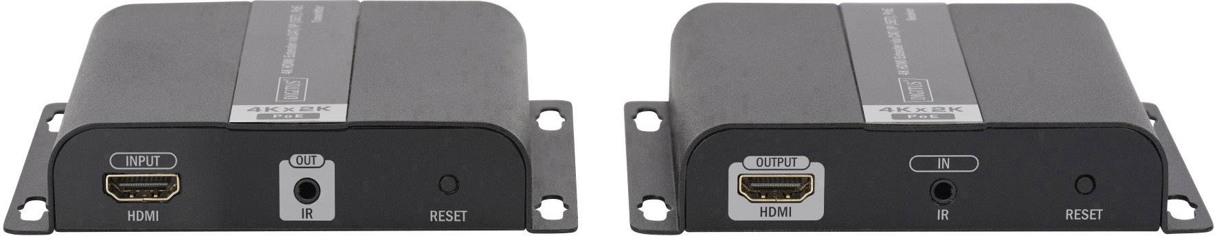 Two black HDMI amplifiers with reset button, IR port and HDMI inputs/outputs; arranged side by side.