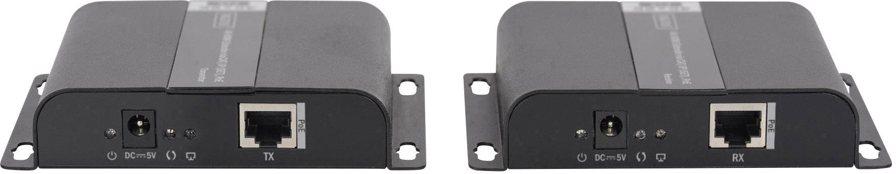 Two black electronic devices with Ethernet and power connections, placed side by side on a white surface.