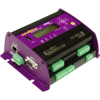 Purple DataTaker DT82I device with digital display, buttons, and multiple input/output ports, used for data logging and monitoring systems.