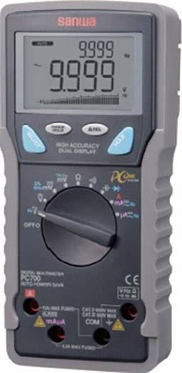 Digital multimeter showing '9.999 V' on the display. Contains switch for various measurement ranges, connections at the bottom.