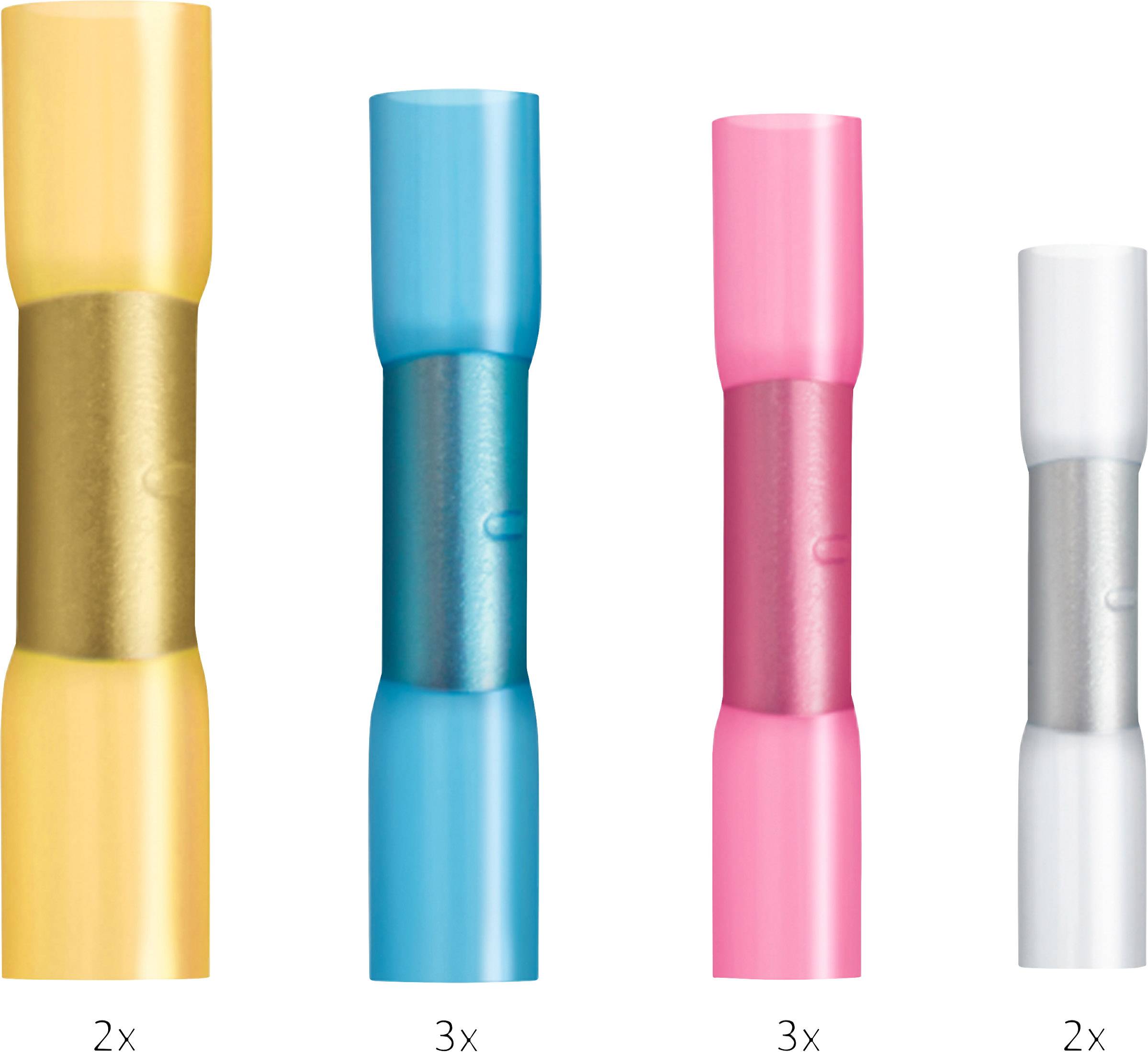 'Four different cable connectors: 2x yellow, 3x blue, 3x pink, 2x white. Each connector has a metal sleeve in the centre.'