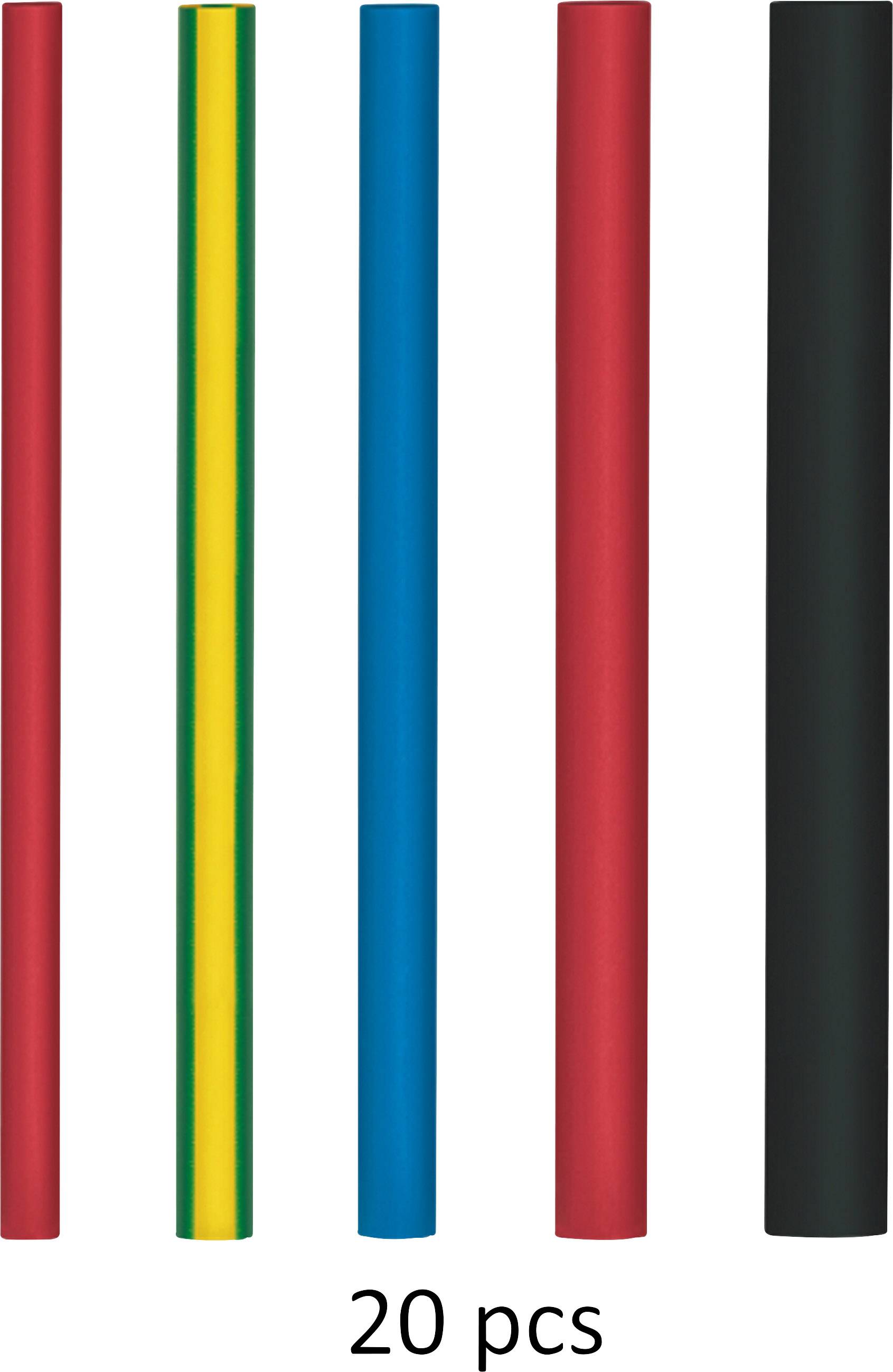 Five different coloured pencils in red, yellow-green, blue, red, and black laid side by side. Underneath it reads '20 pcs'.