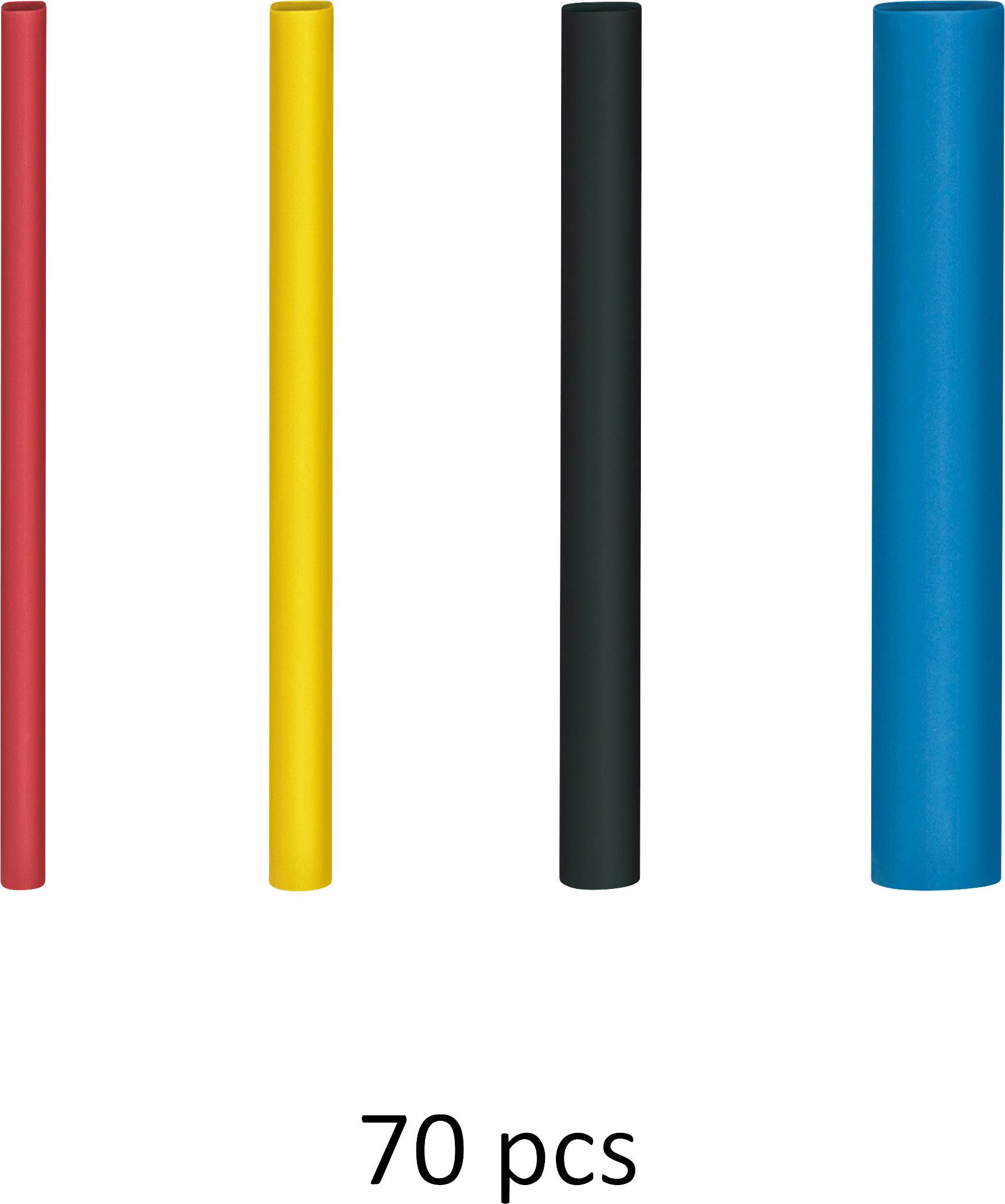 Four test tubes: red, yellow, black, blue. Underneath it says '70 pcs'.