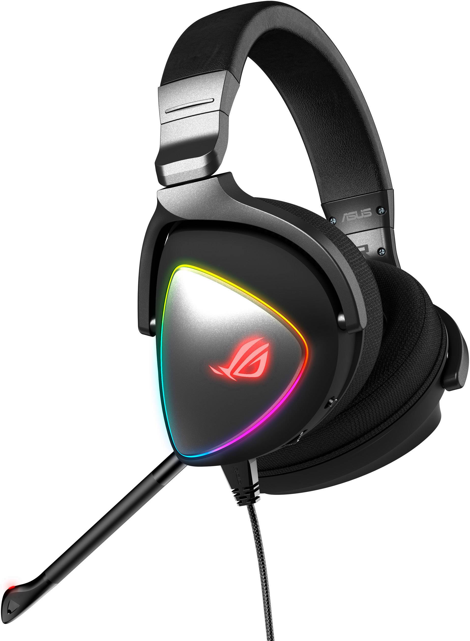 A black gaming headset with illuminated, triangular ear cups displaying a logo and colourful LED lights.