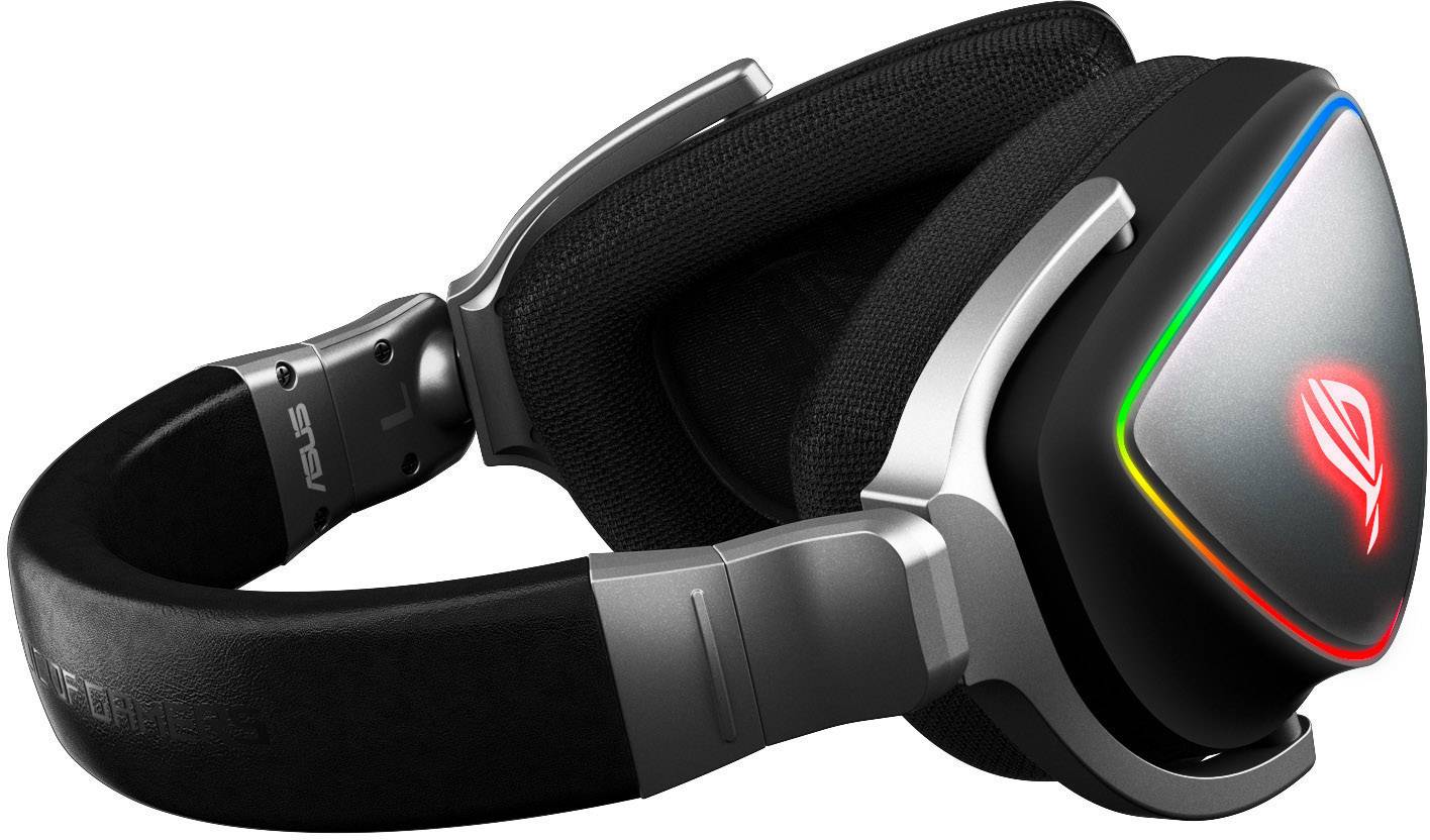 Gaming headphones with black and metallic design, illuminated logo, and padded ear cups.