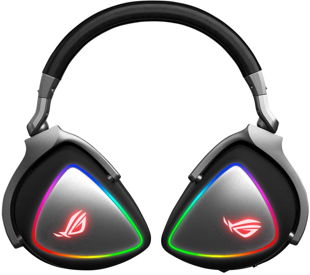 Gaming headphones with RGB lighting. Silver ear cups with colourful light strips and a stylised logo.
