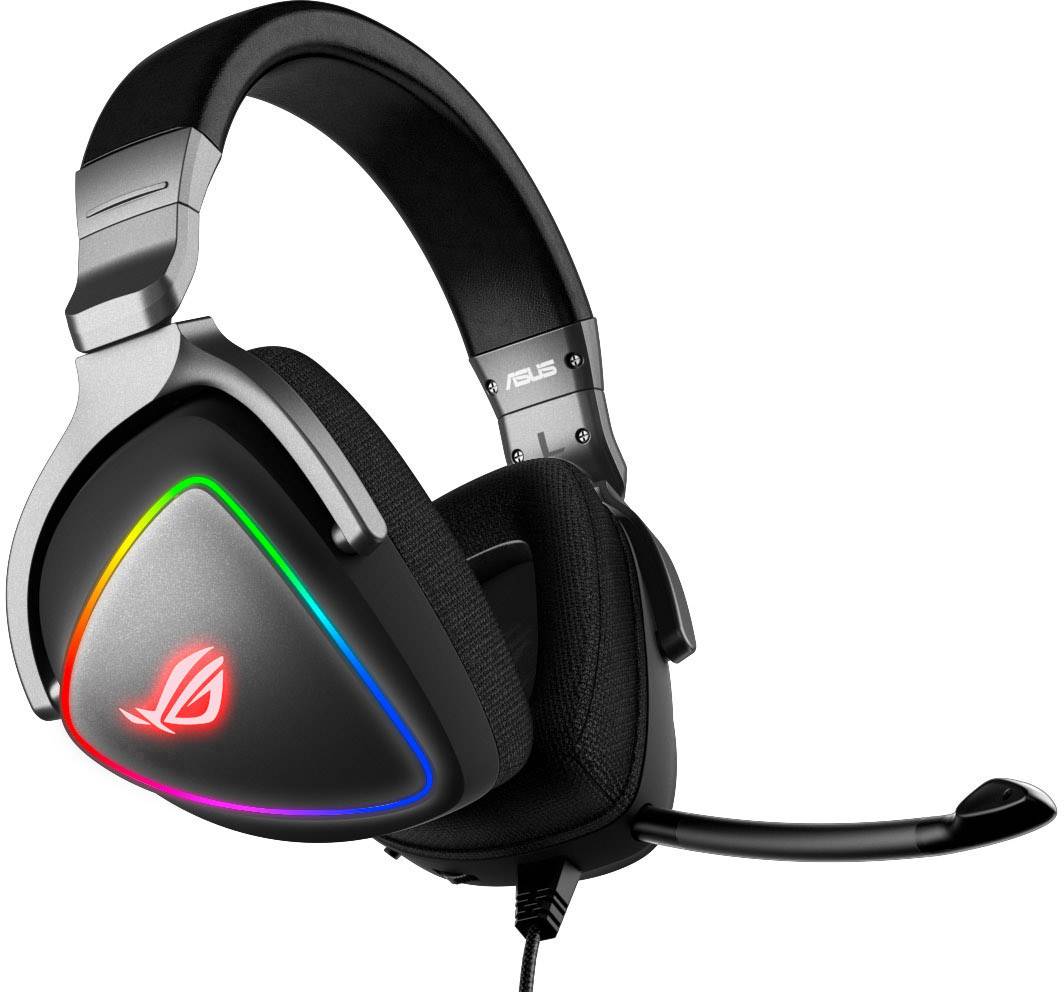 A black and grey gaming headset with a microphone by ASUS, illuminated by colourful LED lights on the ear cups.