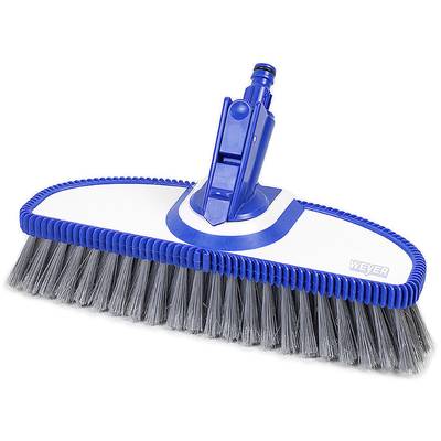 Blue broom with stiff bristles and ergonomic handle attachment, suitable for clean floor cleaning in indoor and outdoor areas.