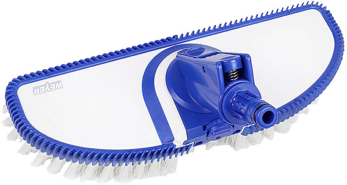 Blue and white pool brush head with bristles for cleaning pool walls and floors.