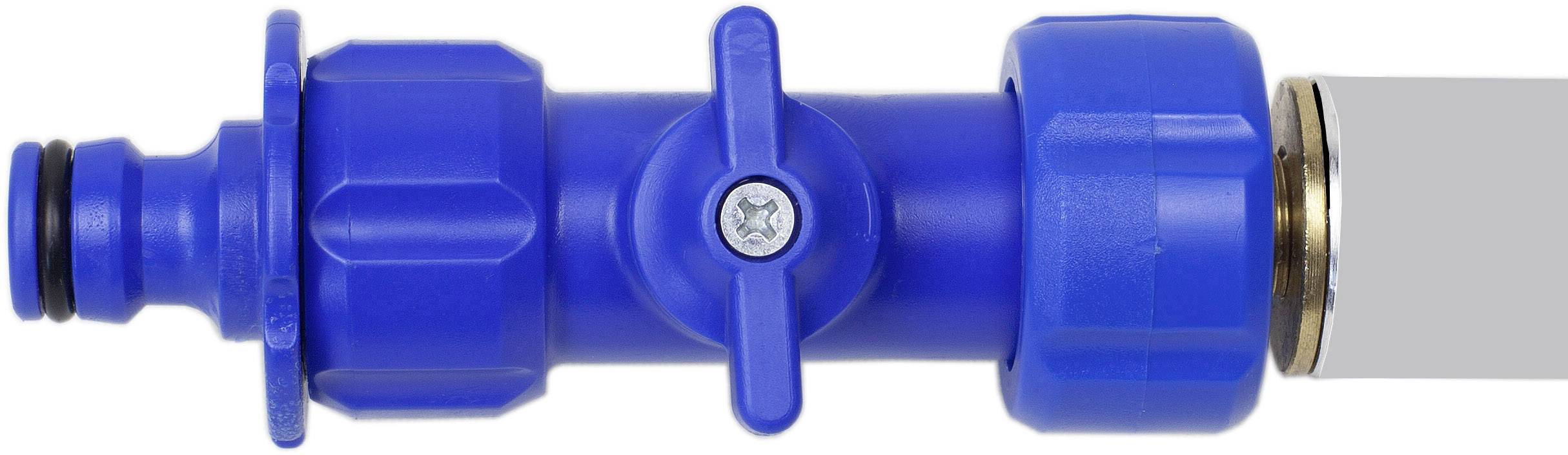 A blue plastic hose connector with a shut-off valve. On the left, there is a connection for attachment, and on the right, another connection point.