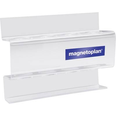 Clear magnetic clip with 'magnetoplan' logo, used for securing documents to magnetic surfaces.