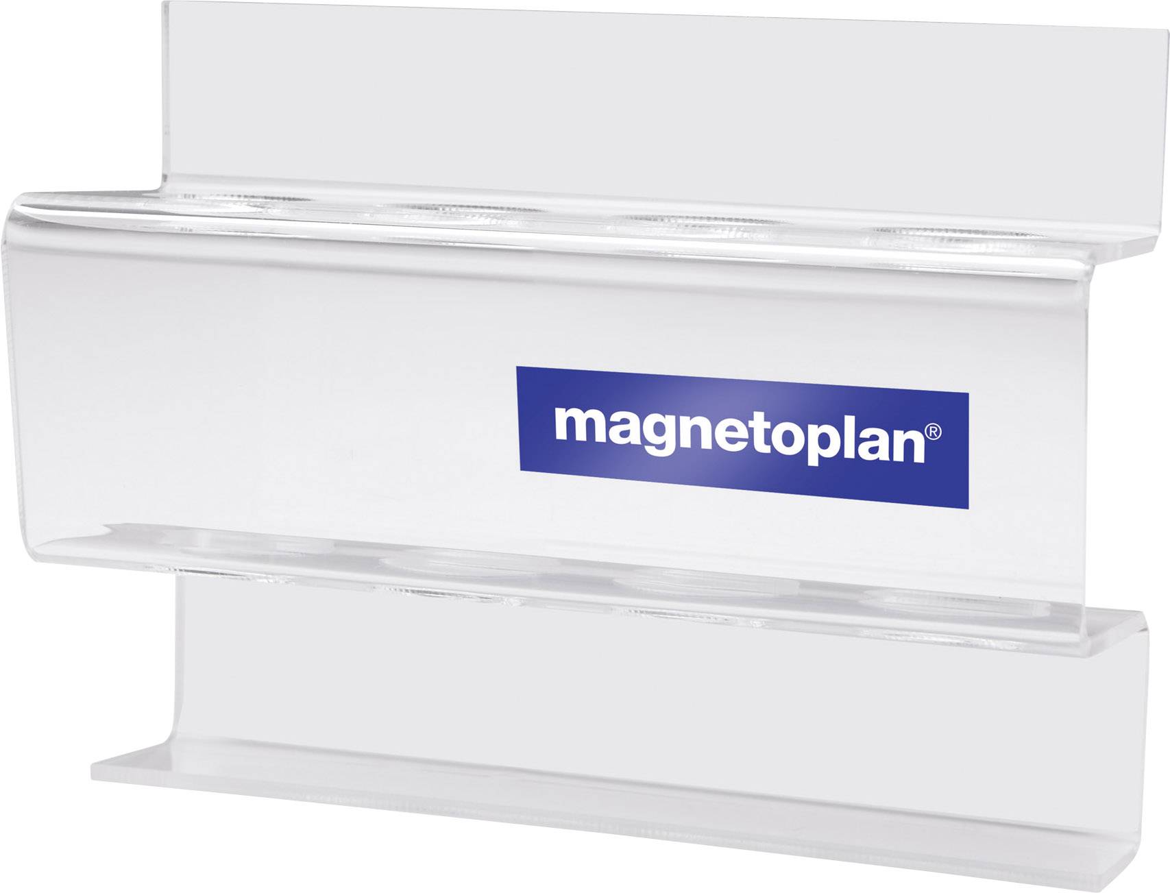 Transparent magnetic pen holder with 'magnetoplan' logo, for attachment to magnetic surfaces.