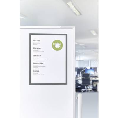 Meal Plan in an office displays daily dishes from Monday to Friday, each with a brief description. Background: open-plan office space.