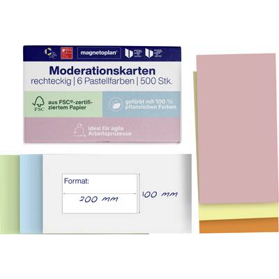 Package of rectangular moderation cards in 6 pastel colors, 500 sheets, showing size 200 mm by 100 mm and FSC-certified paper.