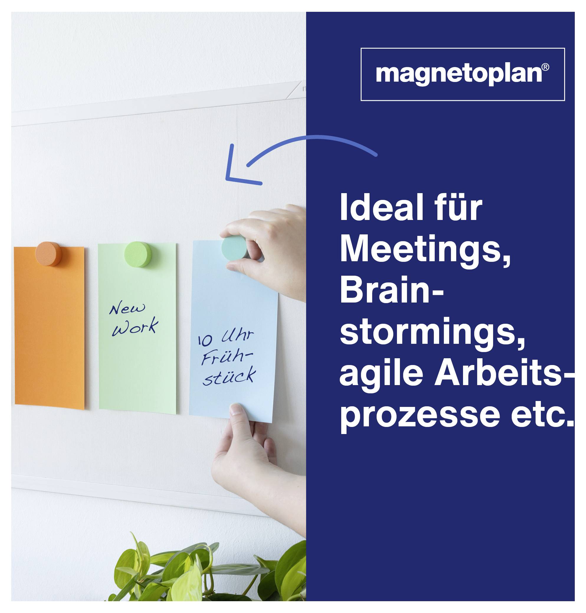 Advertising for magnetoplan: Hands attaching adhesive notes to a whiteboard; text advertises with 'Ideal for meetings, brainstormings, agile working processes etc.'