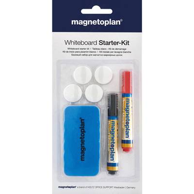 Whiteboard Starter Kit: Includes eraser, black and red markers, and four white magnets. Packaging by Magnetoplan.