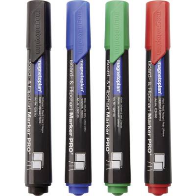 Four coloured whiteboard markers (black, blue, red, green) standing side by side, with brand labelling.