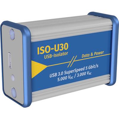 A USB isolator enclosure labelled 'ISO-U30 USB Isolator'. Offers USB 3.0 SuperSpeed with 5 Gbps, 5000 VDC and 3000 VAC.