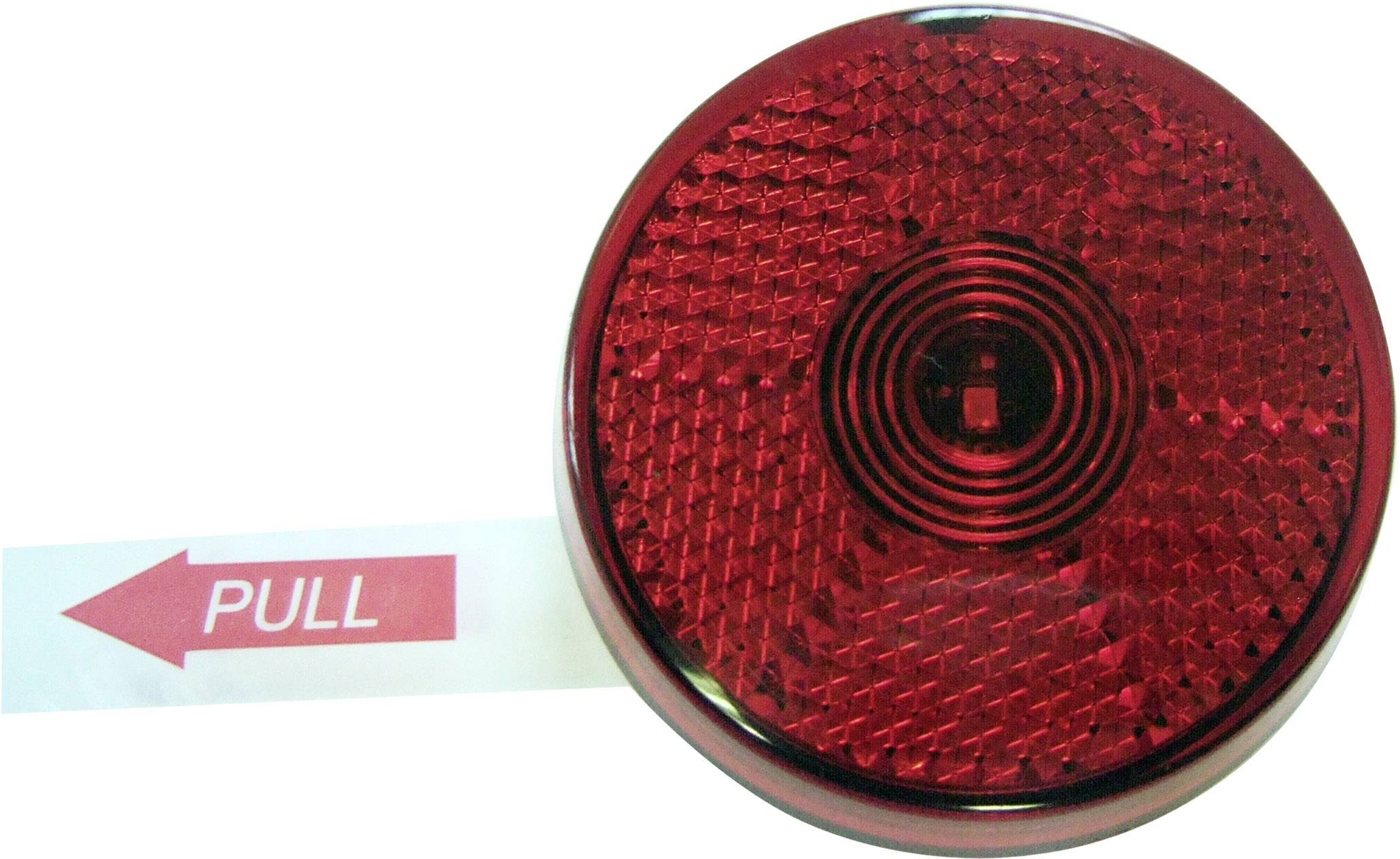 Round, red fire alarm call point with 'PULL' text and an arrow pointing to the left.