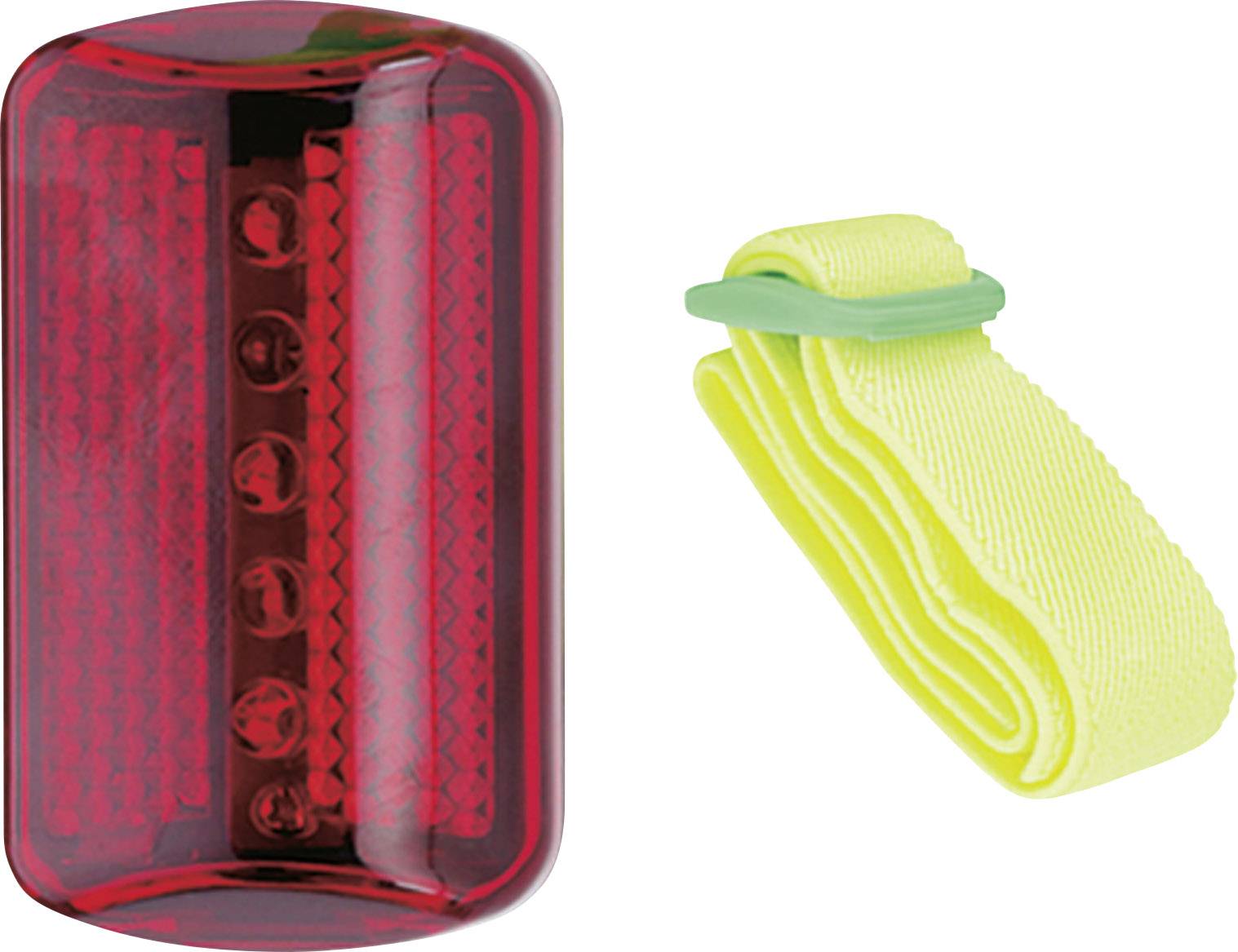 'Rear light with six light-emitting diodes, surrounded by a reflective surface. Beside it, a yellow band with a green buckle.'