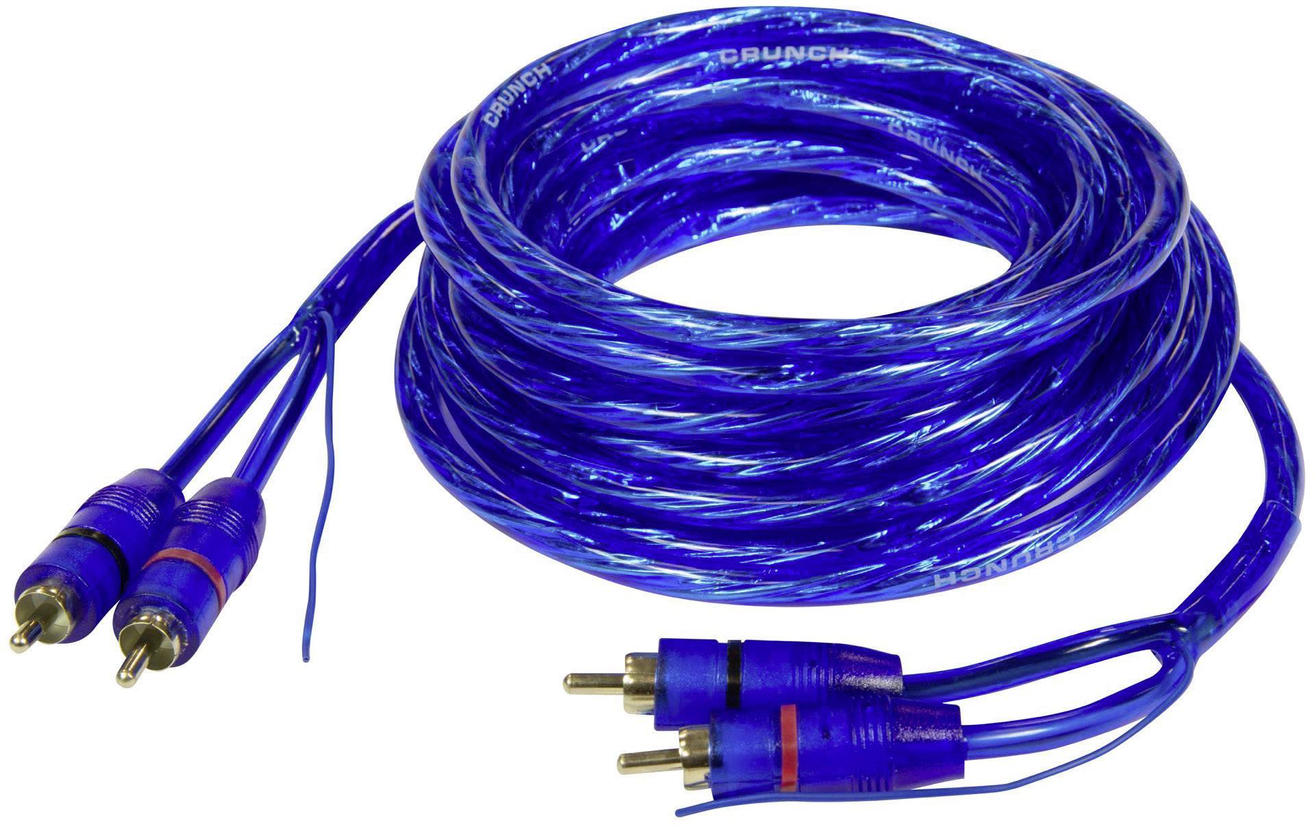 A blue phono cable with multiple plugs, suitable for audio or video connections, is loosely coiled on a surface.