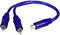 'A blue cinch Y-adapter cable with two plugs and one socket for connecting audio devices.'