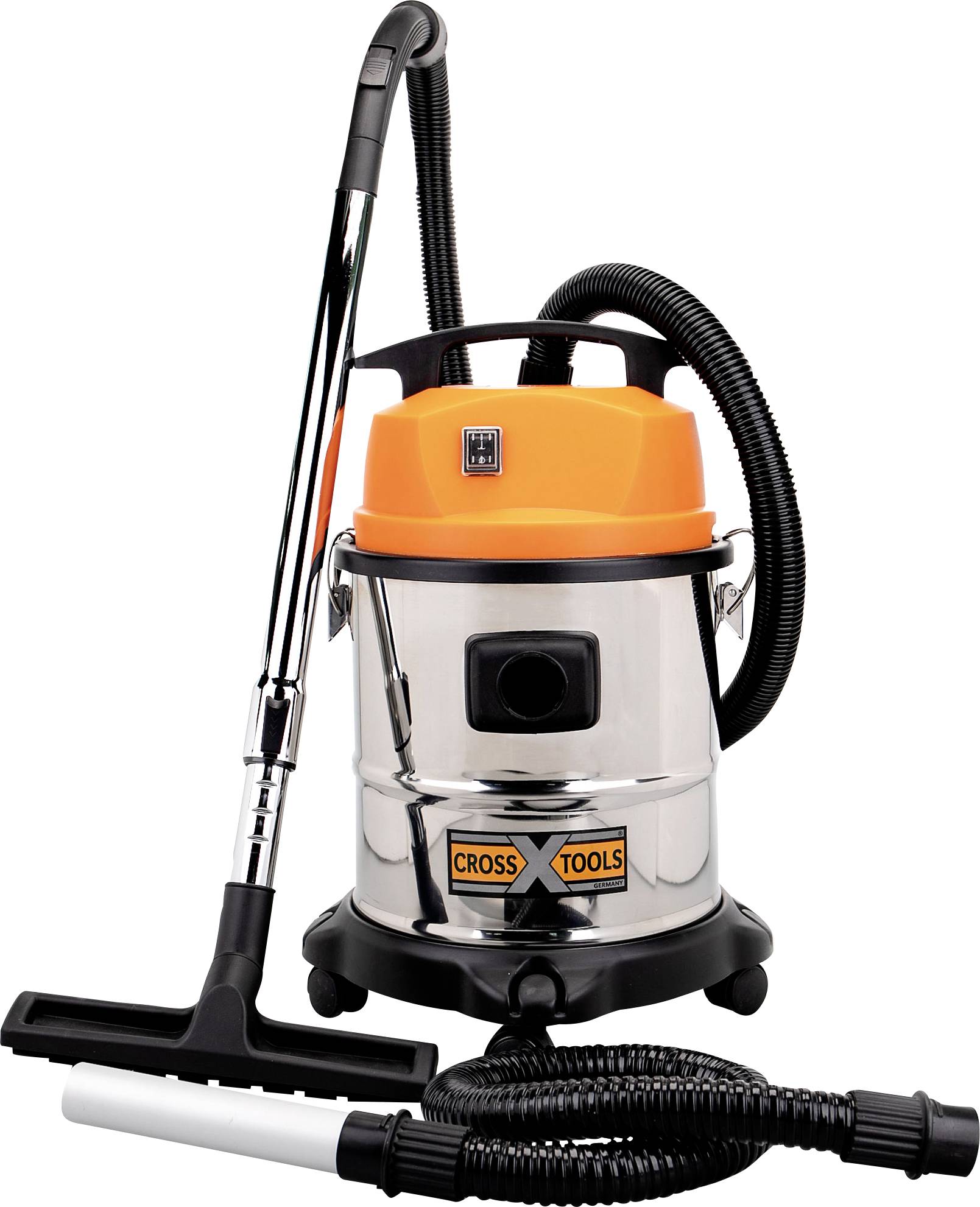 Wet and dry vacuum cleaner with metal tank and orange head, fitted with suction tube, hose and floor brush. Suitable for workshop cleaning.