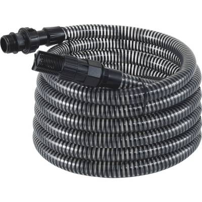 A coiled plastic hose, transparent-black striped, with connectors at both ends. Suitable for use with pumps.