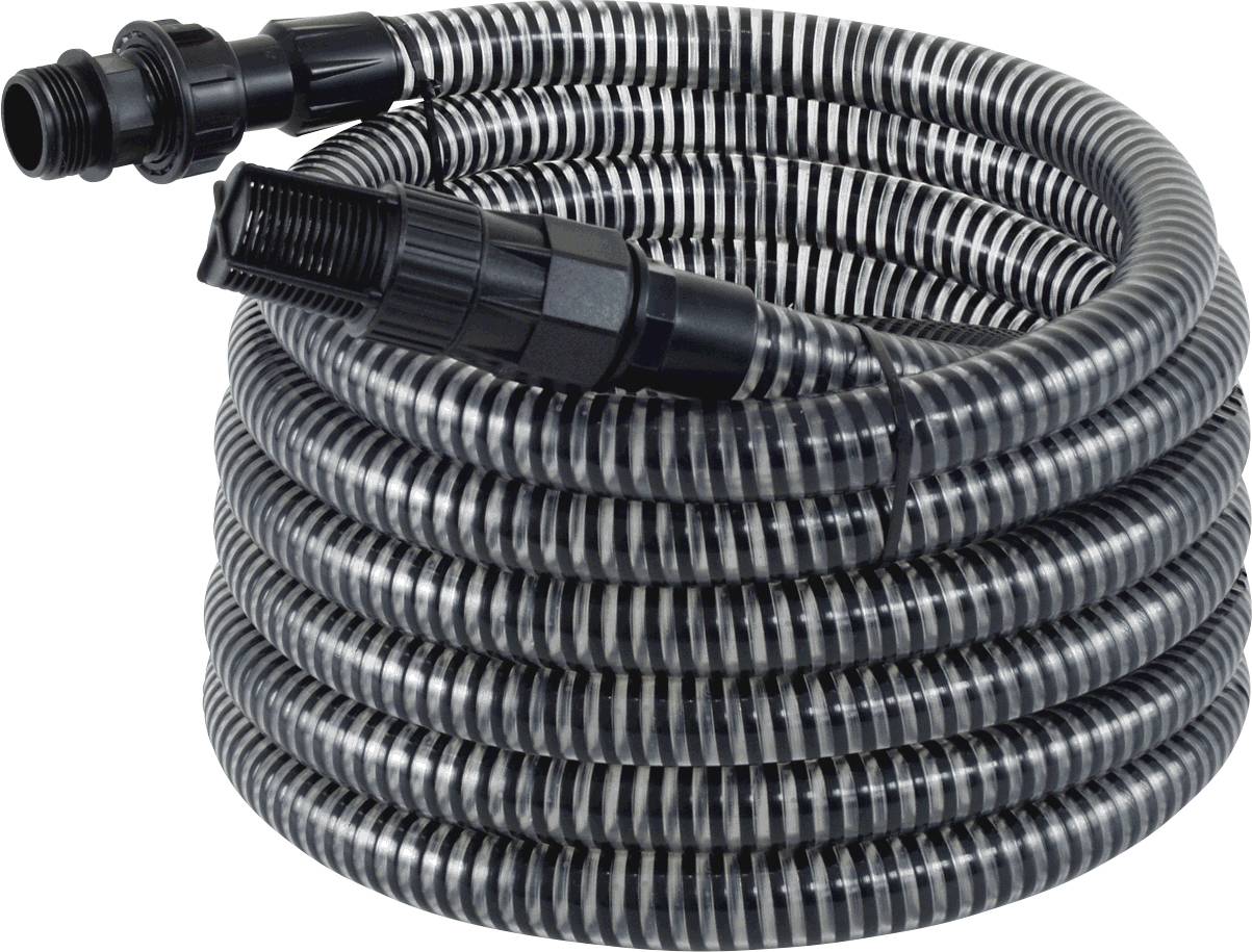 A coiled, black plastic hose with serrated connectors at both ends, suitable for pump or pool systems.