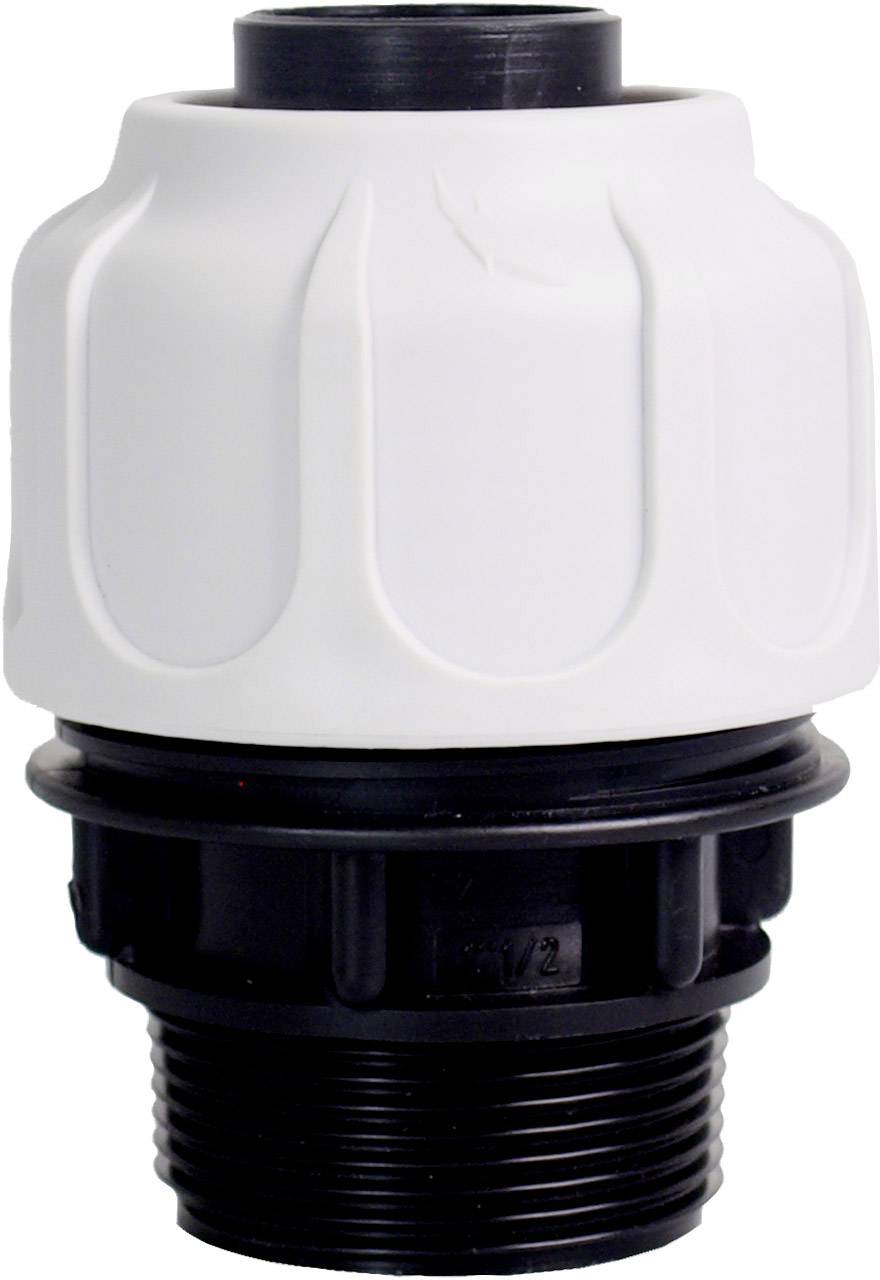 'A white plastic fitting with black threading, used for pipe connections.'