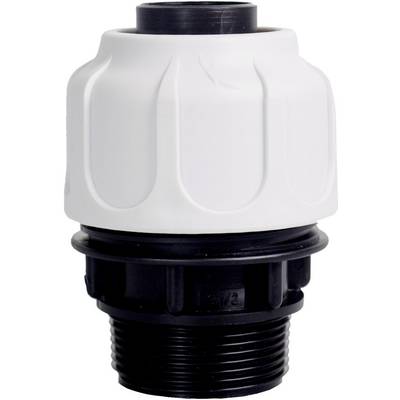 'A white plastic fitting with black threading, used for pipe connections.'