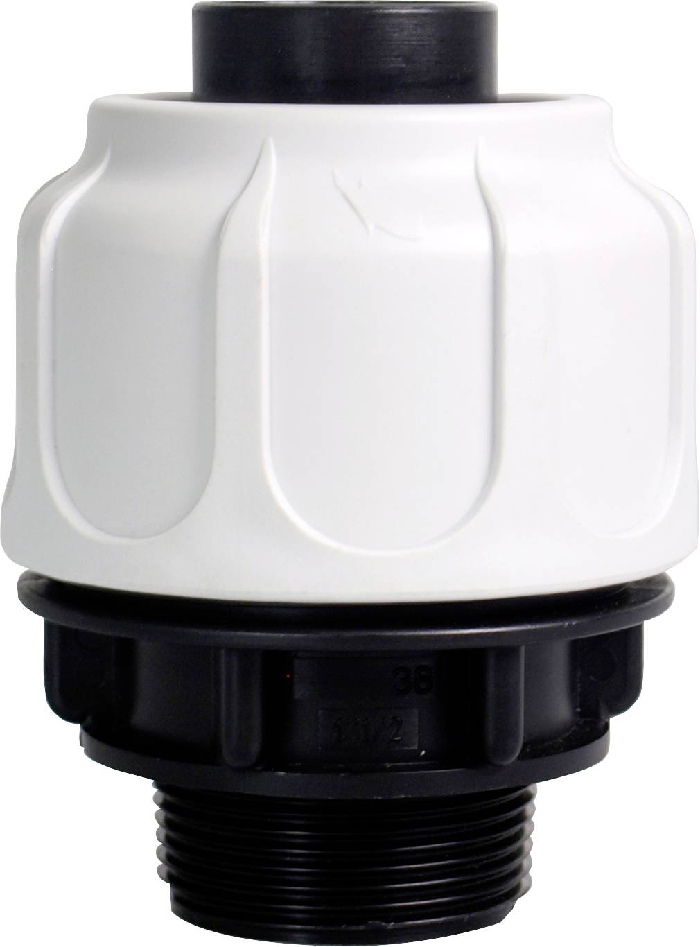 A white and black plastic pipe connector with a ribbed grip for pipe systems.