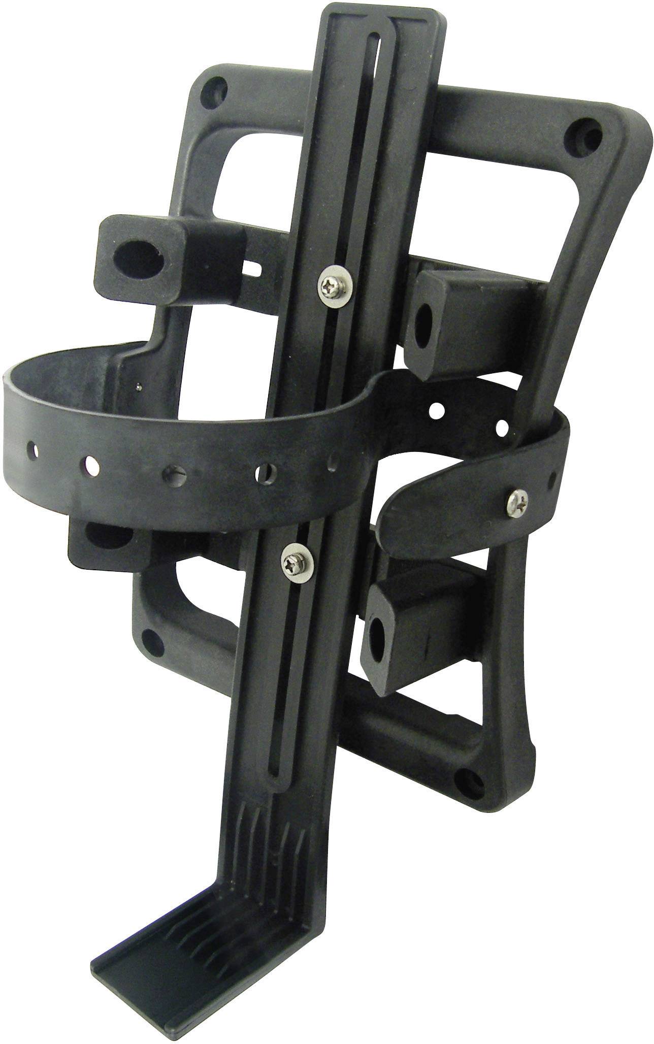 Black, metallic-looking bicycle bottle holder with multiple mounting points and non-slip base for secure attachment.