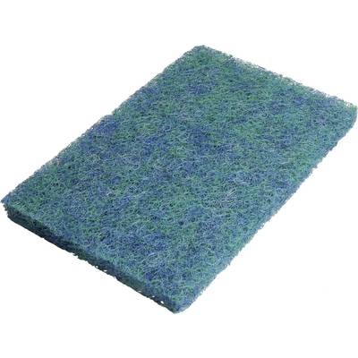 Blue, rectangular cleaning sponge with a coarse-mesh structure, suitable for scrubbing surfaces.