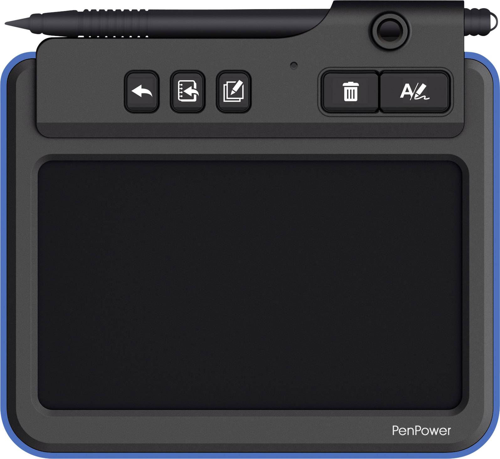 'PenPower' writing tablet with four buttons at the top: Back, OSD, Delete and A/Z. Pen positioned in the holder at the top.