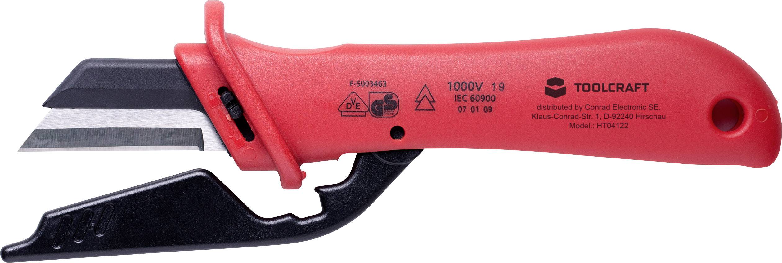 A red wire stripping knife with a black base and protective cover, suitable for work up to 1000V, by the brand Toolcraft.