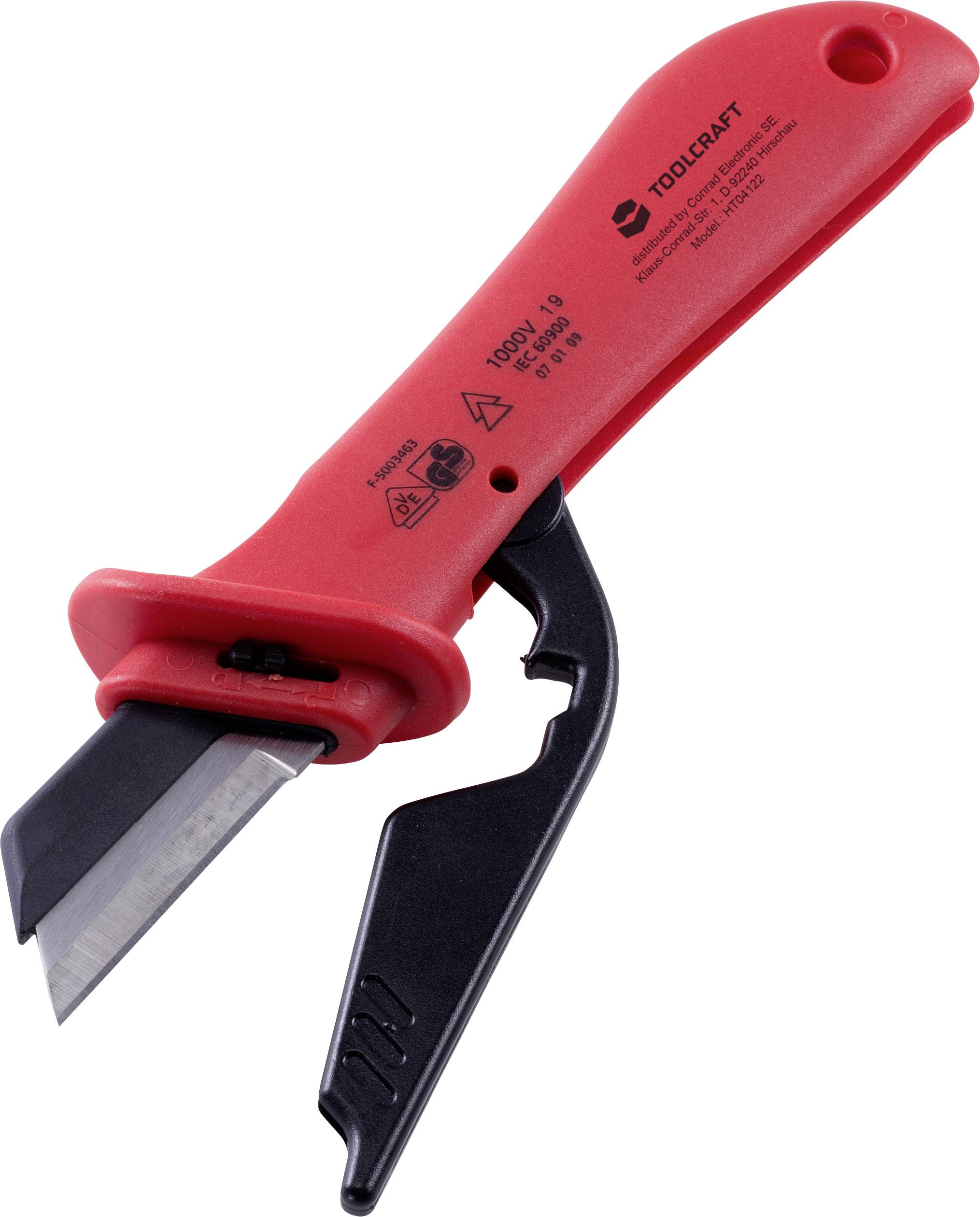 Knife with a red handle and a foldable black blade. Tool brand and safety information visible on the handle.