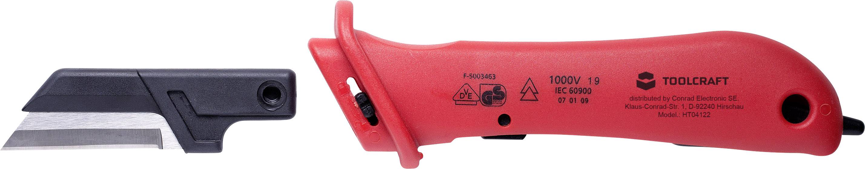 A red, isolated cable knife to the right of a black spare blade. The knife is suitable for work up to 1000 V.