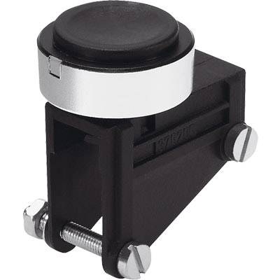 Black door stop with silver, round pressure mechanism, mountable via screw fixing. Suitable for securing open doors.