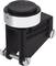 Black door stop with silver, round pressure mechanism, mountable via screw fixing. Suitable for securing open doors.