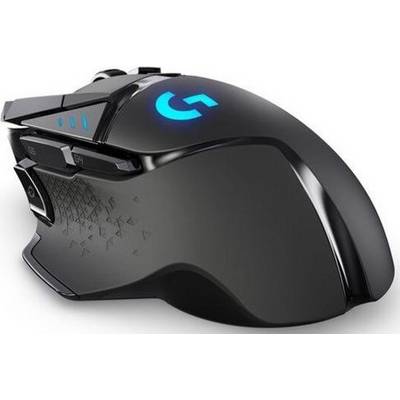 A black gaming mouse with blue lighting accents and multiple buttons, ergonomically shaped for the right hand.