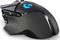A black gaming mouse with blue lighting accents and multiple buttons, ergonomically shaped for the right hand.