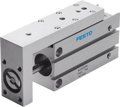Cylindrical metal machine component with the 'FESTO' logo, comprising sliding plates and screw connections.