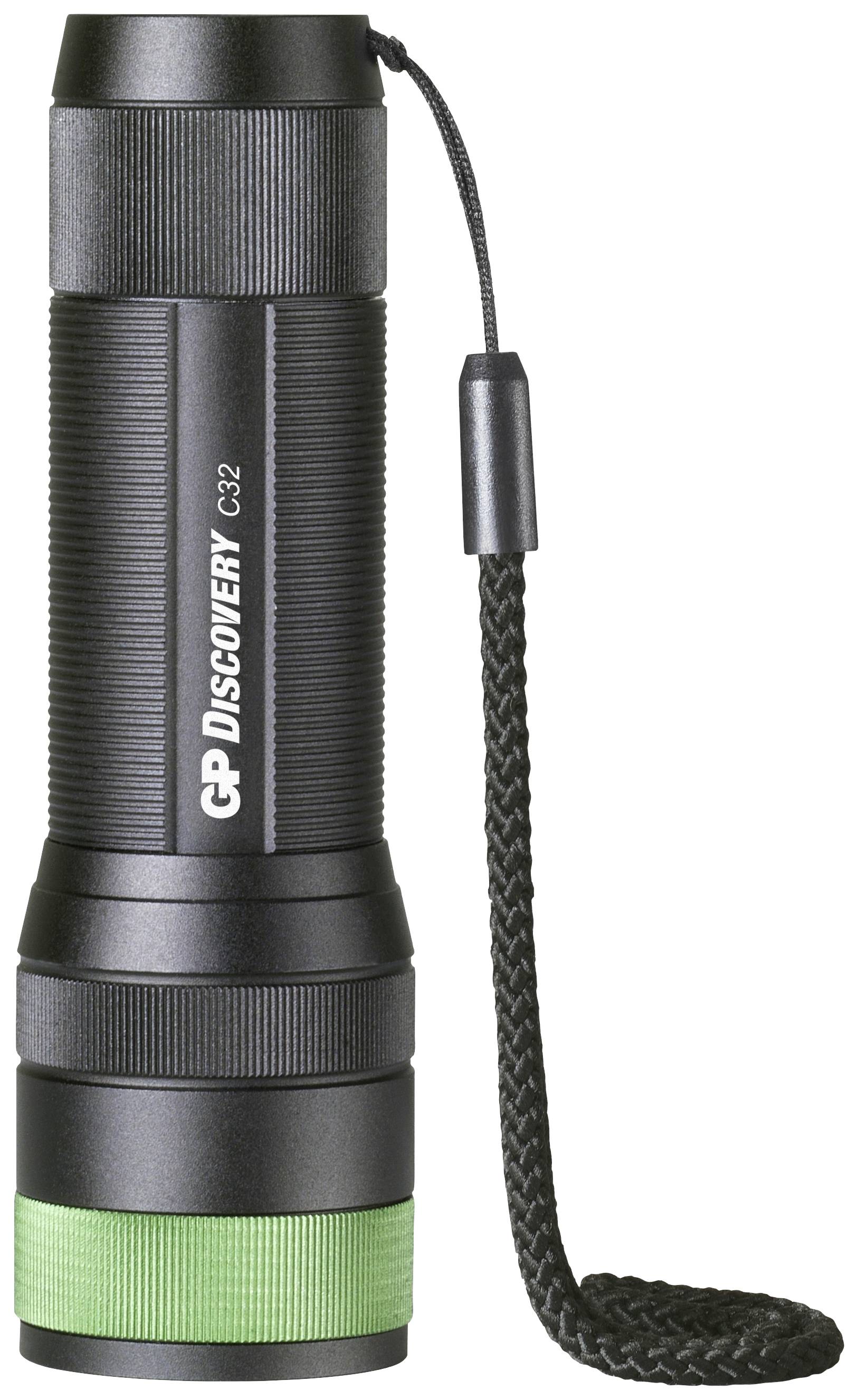 Black torch with textured grip and green ring at the end. It has a wrist strap and is labelled 'GP Discovery C32'.