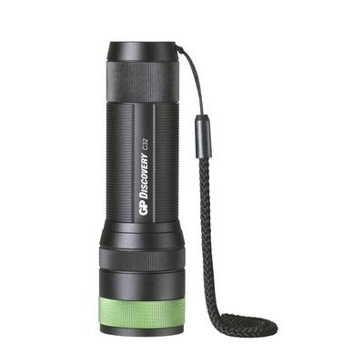 Black torch with green ring at the bottom and carry loop on the side. Marking 'GP Discovery C32'.