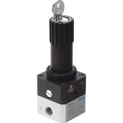 A pressure regulator with a safety interlock, mounted on a metal housing, featuring a black rotary knob and a key on top.